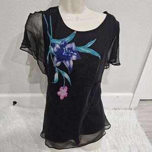 Robbie Bee Black Sheer Top with Blue and Pink Floral Design